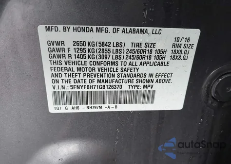 2016 Honda Pilot Ex-L from USA, damaged, VIN 5FNYF6H71GB126370
